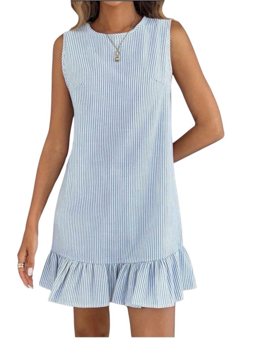 YL stall MINI Dress Striped Ruffle Hem Sleeveles Round Neck MEDIUM Dress NWT